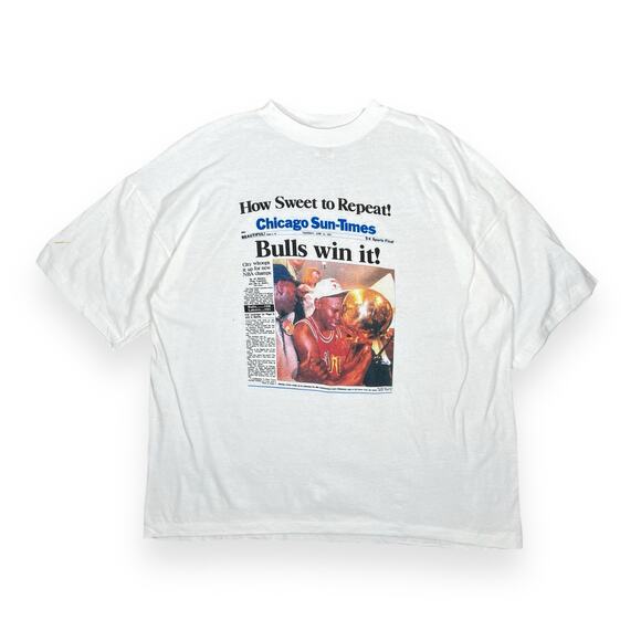RARE Chicago Bulls 1991 Sun Times Tee Shirt XL Michael Jordan Bulls Win It! - Picture 1 of 8